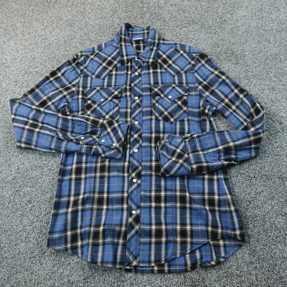 True Religion Shirt Mens XL Blue Black Plaid Western Pearl Snap Flannel Cowboy